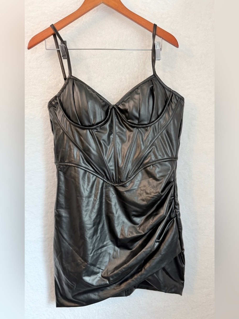 LEAU Vice Black Faux Leather Corset Bustier Ruched Mini Dress XL NWT